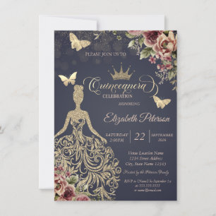 Invitation Robe Pailletée Or, Confettis Floraux Papillon