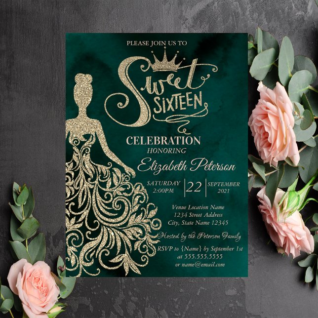 Invitation Robe pailletée or, Diamants Vert Douce 16 (Créateur téléchargé)