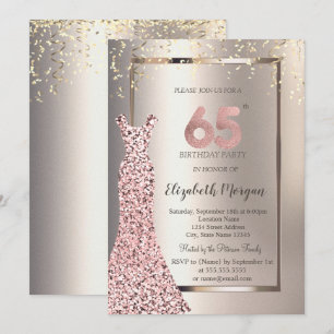 Invitation Robe Pailletée Or Rose Anniversaire 65 Ans Ivoire
