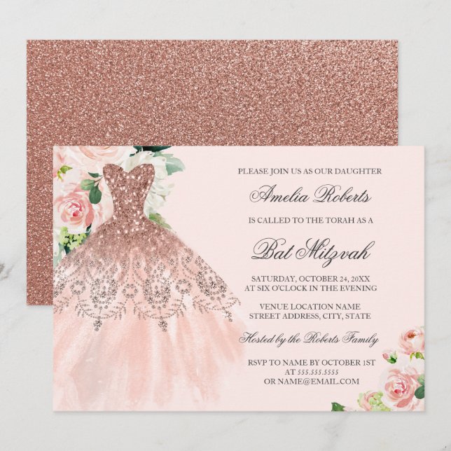 Invitation Robe pailletée or rose pour Bat Mitzvah florale (Devant / Derrière)