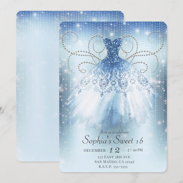 Invitation Robe Pailletée Princesse Bleu Argentée Fête Douze  (Devant / Derrière)