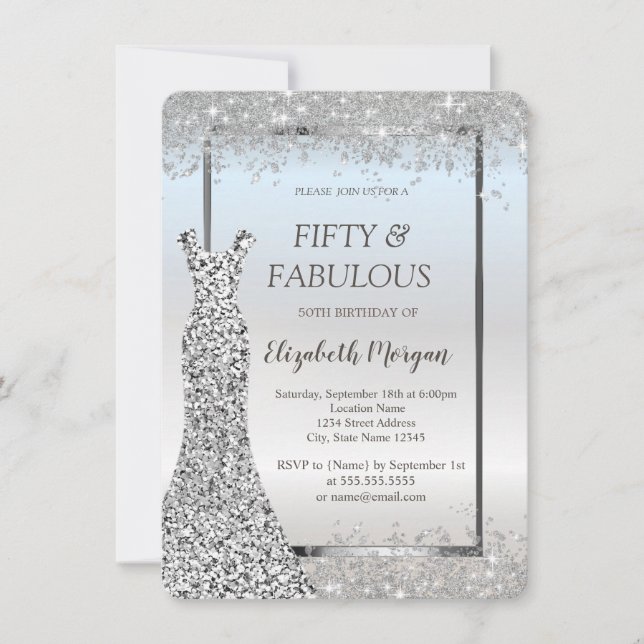 Invitation Robe Paillettes Argent Confettis 50 ans Anniversai (Devant)
