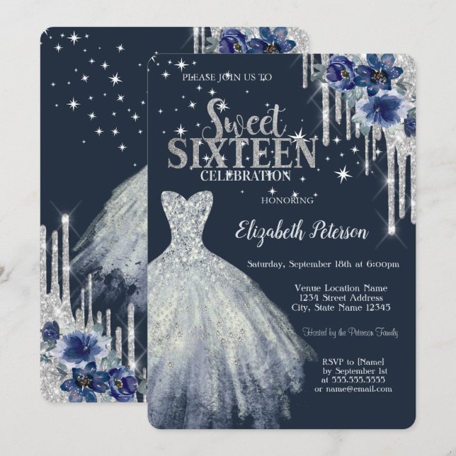 Invitation Robe Paillettes Gouttes Fleurs Étoiles Bleu Douce  (Devant / Derrière)