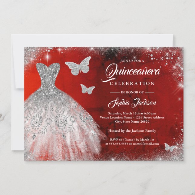 Invitation Robe papillon à paillettes rouges argentées pour Q (Devant)