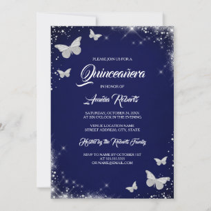 Invitation Robe papillon aquarelle argent marine Quinceanera