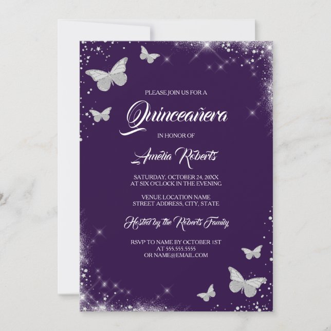Invitation Robe papillon aquarelle violette Quinceanera (Devant)