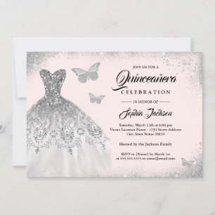 Invitation Robe papillon argenté Blush pour Quinceanera