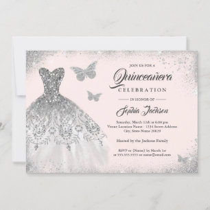 Invitation Robe papillon argentée avec éclat de rose pour Qui