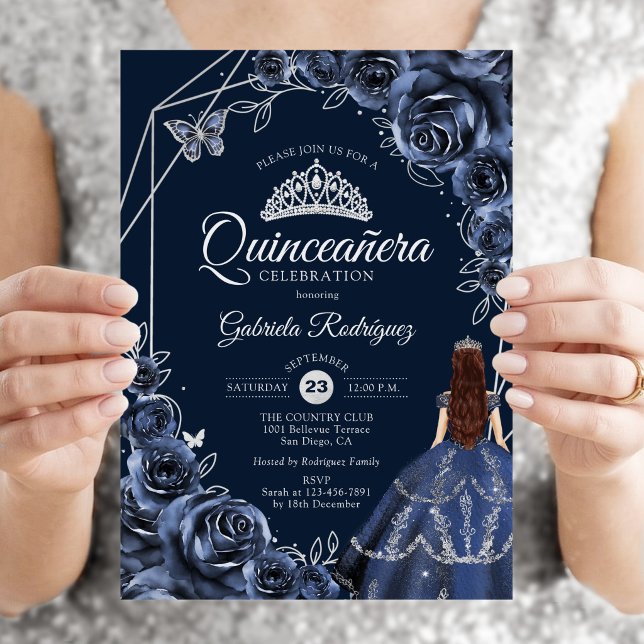 Invitation Robe papillon argentée Navy pour Quinceanera Flora (Créateur téléchargé)