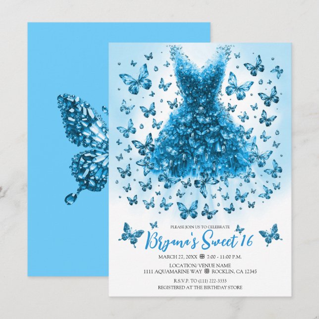 Invitation Robe papillon bleu aigue-marine Mars pierre de nai (Devant / Derrière)