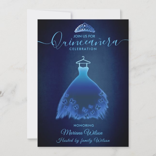 Invitation Robe papillon bleu moderne de minuit tiara Quince (Devant)