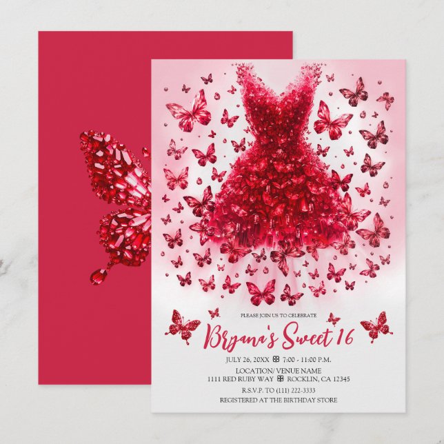 Invitation Robe Papillon Cristal Rubis Rouge Pierre de Naissa (Devant / Derrière)