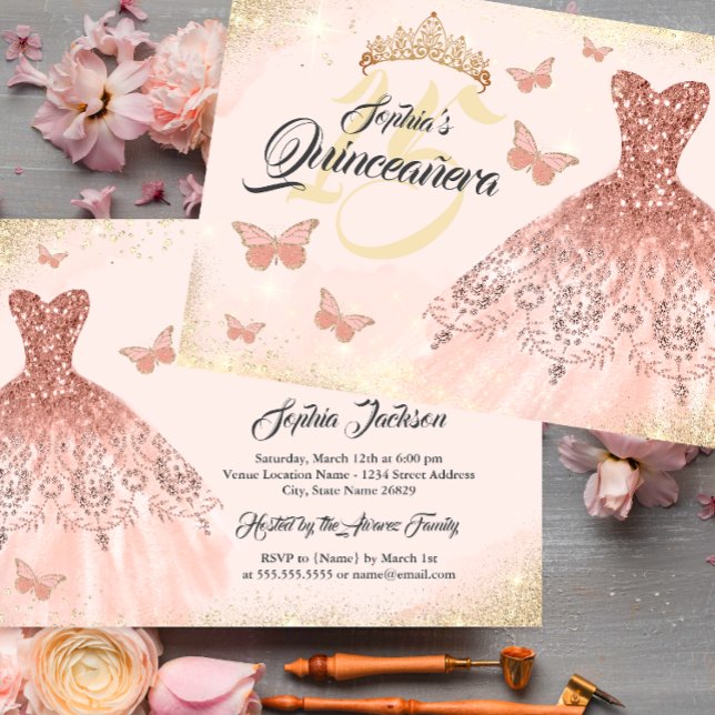 Invitation Robe papillon de Quinceanera rose or  (Créateur téléchargé)