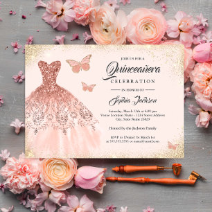 Invitation Robe papillon dorée rose scintillante Quinceanera