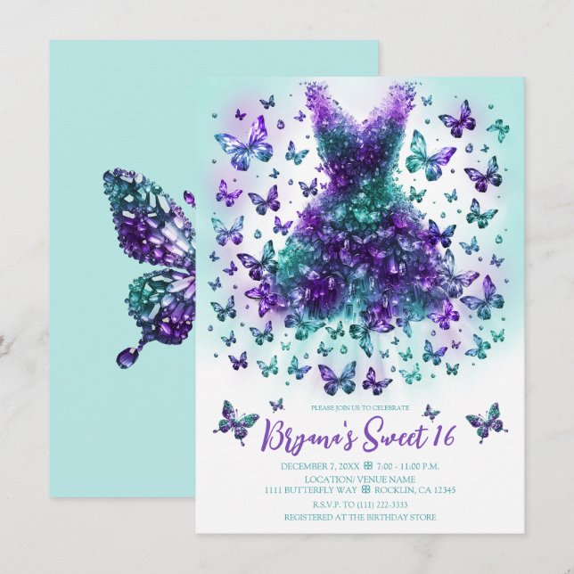 Invitation Robe Papillon en Cristal Sarcelle et Violet (Devant / Derrière)