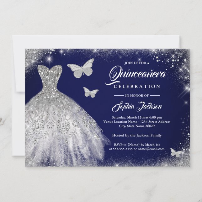 Invitation Robe papillon Navy Silver Sparkle Quinceanera  (Devant)