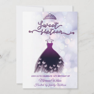 Invitation Robe papillon pourpre bokeh moderne tiara doux 16