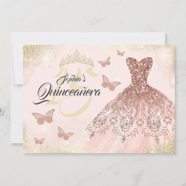 Invitation Robe papillon Quinceanera or rose (Devant)