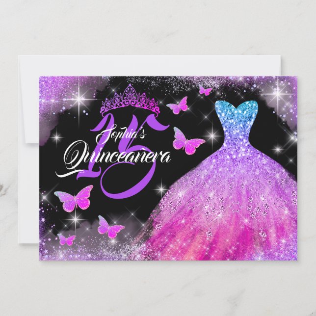 Invitation Robe papillon rose violet bleu Quinceanera (Devant)