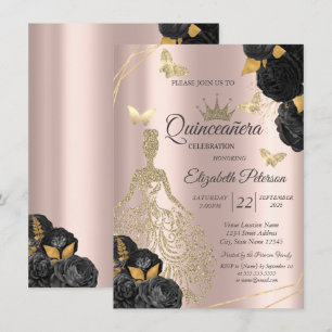 Invitation Robe, Papillon Roses noires Rose dorée Quinceañera