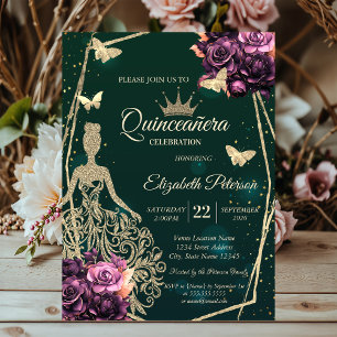 Invitation Robe, Papillon Roses Violettes Étoiles Quinceañera