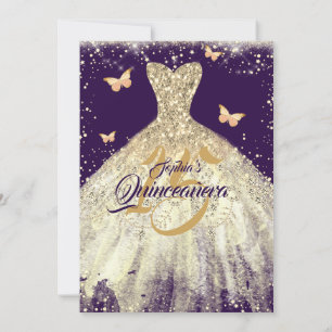 Invitation Robe papillon scintillante or violet Quinceanera