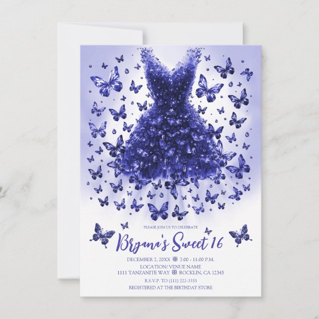 Invitation Robe Papillon Tanzanite Pierre de Naissance Décemb (Devant)