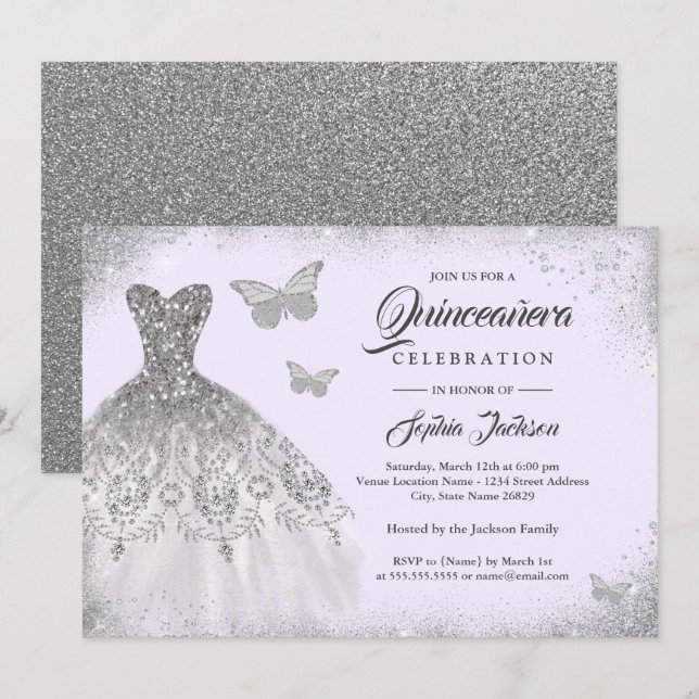 Invitation Robe papillon violet argenté pour Quinceanera (Devant / Derrière)