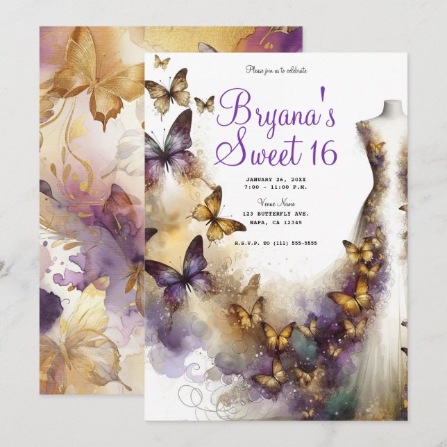 Invitation Robe papillon violet et or Fantaisie Sweet 16 (Devant / Derrière)
