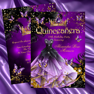 Invitation Robe papillon violet or pour une Quinceanera