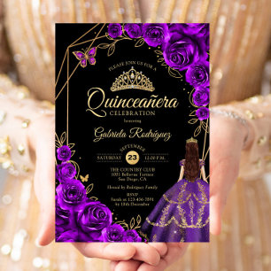 Invitation Robe papillon violet or Quinceanera or floral gold