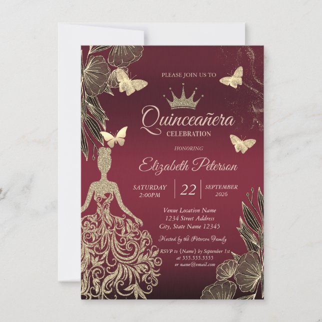 Invitation Robe, papillons dorés fleurs Red Quinceañera (Devant)