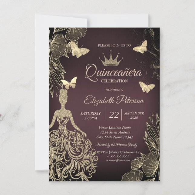 Invitation Robe, papillons dorés fleurs sombre Quinceañera (Devant)