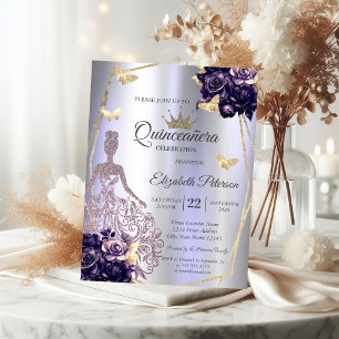 Invitation Robe, papillons Roses Violettes Lavande Quinceañer
