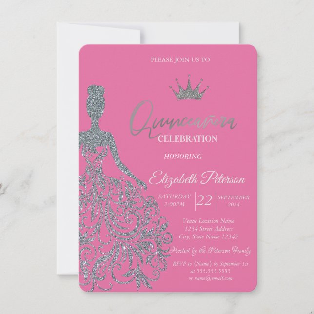 Invitation Robe Parties scintillant Argent Fille Chic Fuschia (Devant)