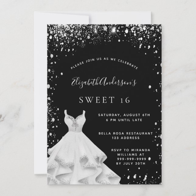 Invitation Robe parties scintillant argent noir Sweet 16 (Devant)
