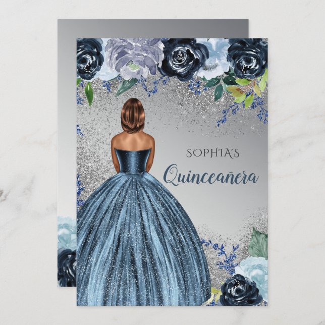Invitation Robe Parties scintillant bleu argent Quinceañera Q (Devant / Derrière)