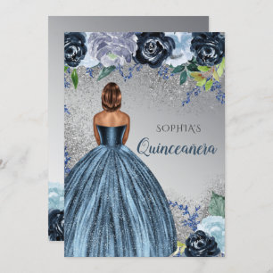 Invitation Robe Parties scintillant bleu argent Quinceañera Q