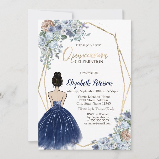Invitation Robe Parties scintillant bleu marine, Fleurs bleue (Devant)