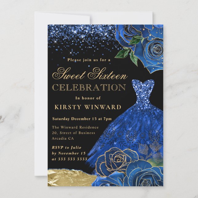 Invitation Robe Parties scintillant bleue et or Glam Rose Swe (Devant)