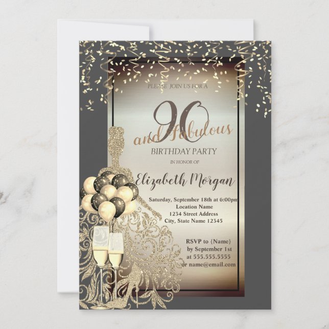 Invitation Robe Parties scintillant d'or, Ballons, Fête d'ann (Devant)
