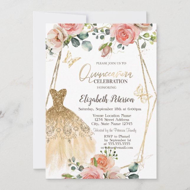 Invitation Robe Parties scintillant d'or Fleurs papillon Quin (Devant)