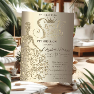 Invitation Robe Parties scintillant d'or, Tiara, Champagne de