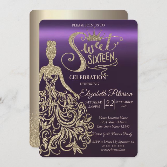 Invitation Robe Parties scintillant d'or, Tiara, Diamants pou (Devant / Derrière)