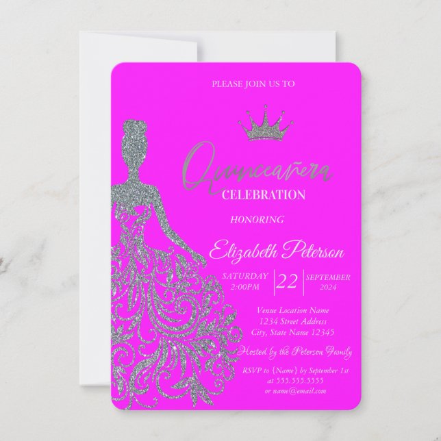 Invitation Robe Parties scintillant en argent Tiara Fuschia Q (Devant)