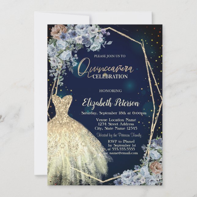 Invitation Robe parties scintillant, Fleurs Bleues Quinceaner (Devant)