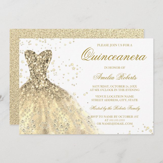 Invitation Robe Parties scintillant Golden Sparkle Quinceaner (Devant / Derrière)