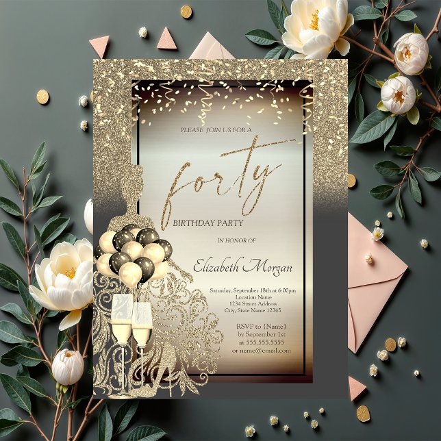 Invitation Robe Parties scintillant or chic, Ballons, 40e ann (Créateur téléchargé)