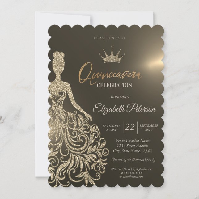 Invitation Robe Parties scintillant or, Diamants Or Quinceane (Devant)
