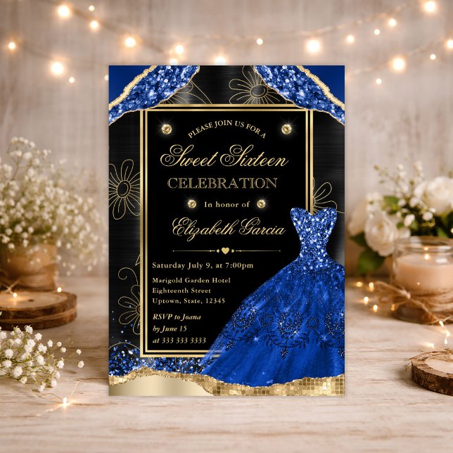 Invitation Robe Parties scintillant or et Royal Bleu Sweet si (Créateur téléchargé)